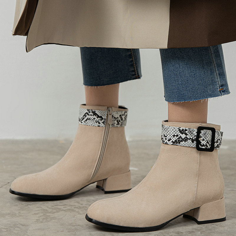 

Buckle Square Heel Ankle Boots Woman Comfort Faux Suede Girls Short Boots Black Beige Winter New Shoes Women Round Toe