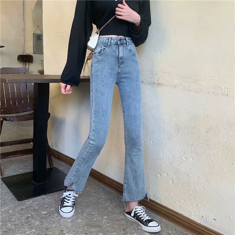

2020 The New Korean version Jeans Denim Solid Tassel Lady Elegant High Waist Womens Trousers Large Size Classic, Blue