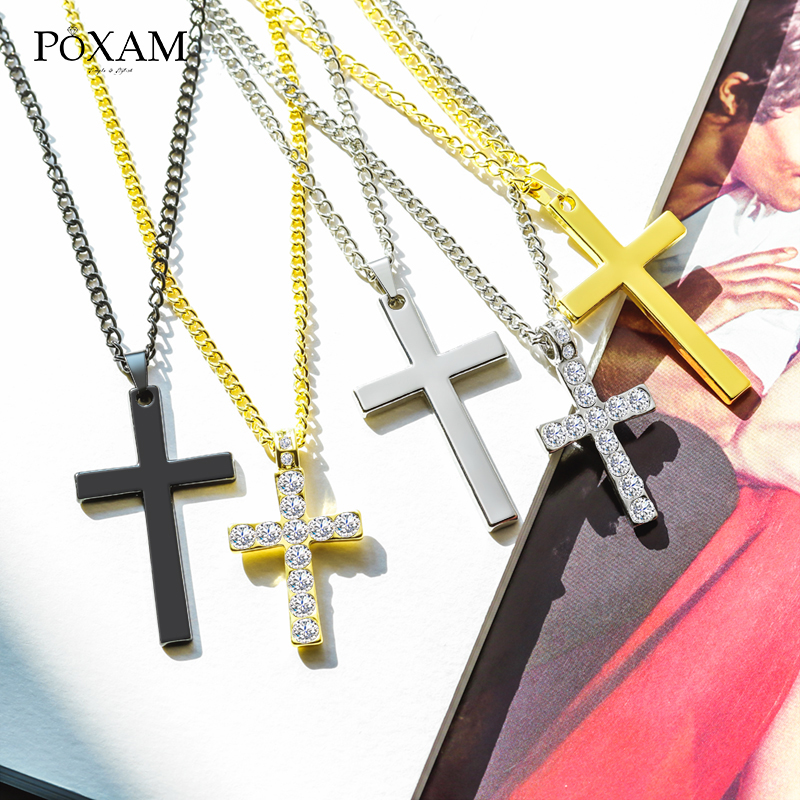 

POXAM Vintage Crystal Cross Necklaces For Women Stainless Steel New Black/Gold/Silver Color Chain Pendant Necklace 2020 Jewelry