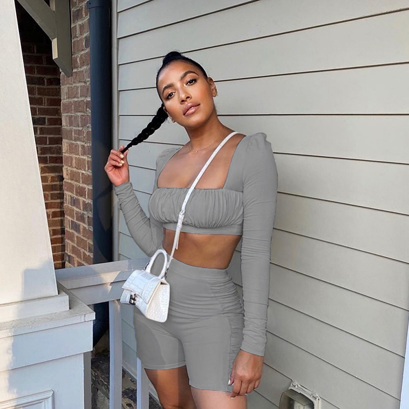 

Fannic 2020 summer solid color square neck pleated long-sleeved T-shirt and shorts two-piece woman suit, Khaki