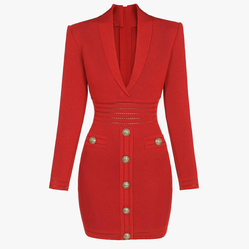 

New Arrival Designer Brand Women Runway Dresses V Neck Long Sleeve Lion Head Button Sexy Milan Runway Dress Sheath Slim Knitted Dress H26, Red