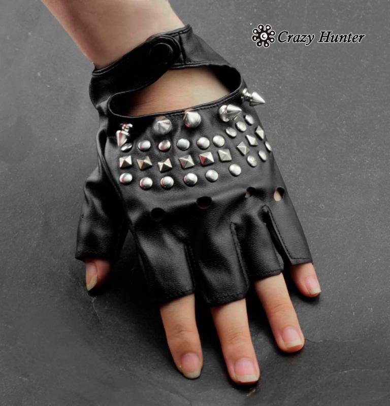 

Cool Womens Girl's Spike Rivet Punk Rock Fingerless Leather Gloves Black