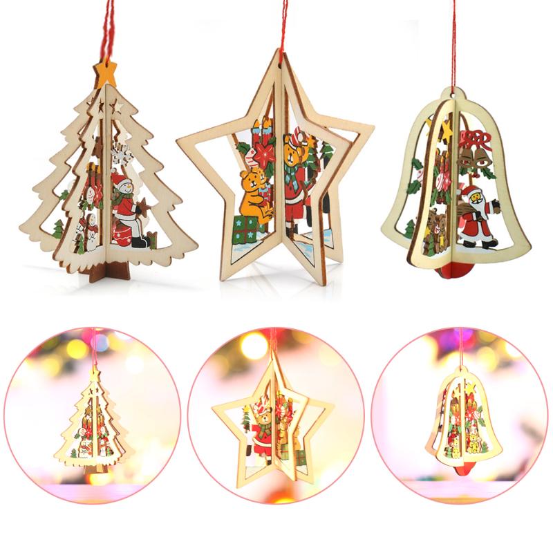 

3D Christmas Ornament Wooden Hanging Pendants Star Xmas Tree Bell Christmas Decorations For Home Party New Year Navidad SD