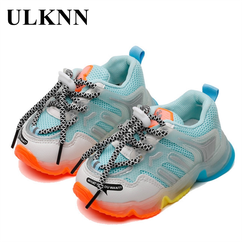

ULKNN Kid's Lighted Sneakers Candy-Colored Girls' Shoes Children Sports Mesh Breathable Boys' Mesh Luminous Dad Shoes Blue, Qbe-085 blue