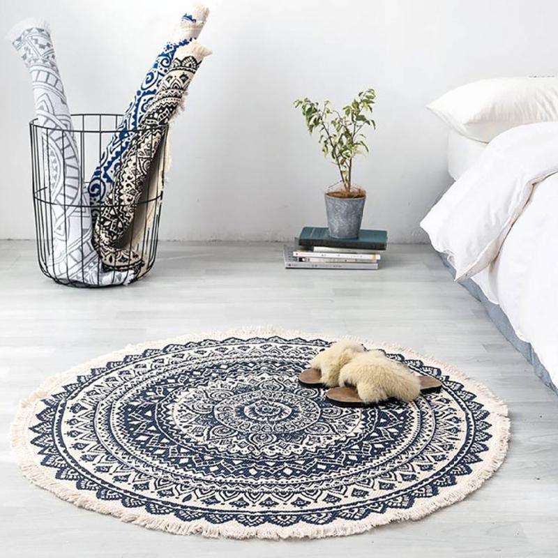 

Retro Boho Round Carpet Bedroom Boho Style Tassel Cotton Rug Hand Woven National Classic Tapestry Sofa Cushion Tatami Floor Mats, Blue