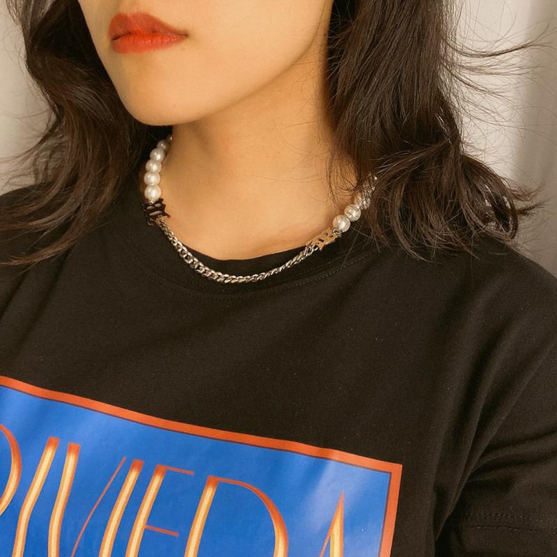 

Korean Style Elegant Necklace High Quality Stainless Steel Pearl Chain Stitching Clavicle Chain Necklace