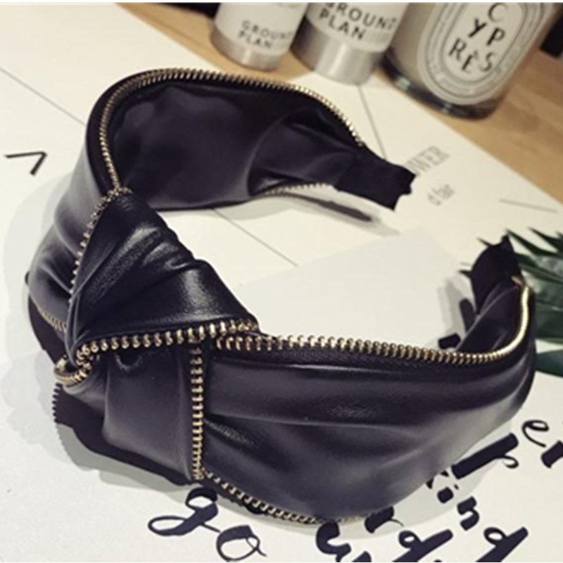 

Black PU Hairband with Zipper Chain Decorated Women Hair Accessories Top Quality Headdress Wide Head Band Adults Headband