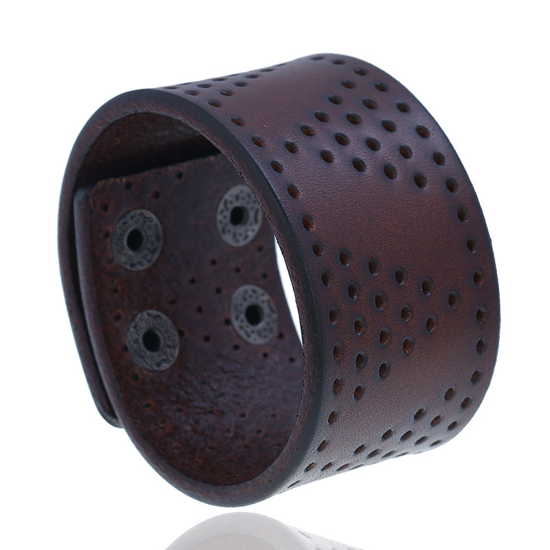 

Vintage Men Leather Bracelet 3.8cm Wide Simple Punching Wrap Bracelets Adjustable Snap Buckle Cuff Bangles Retro Punk Jewelry