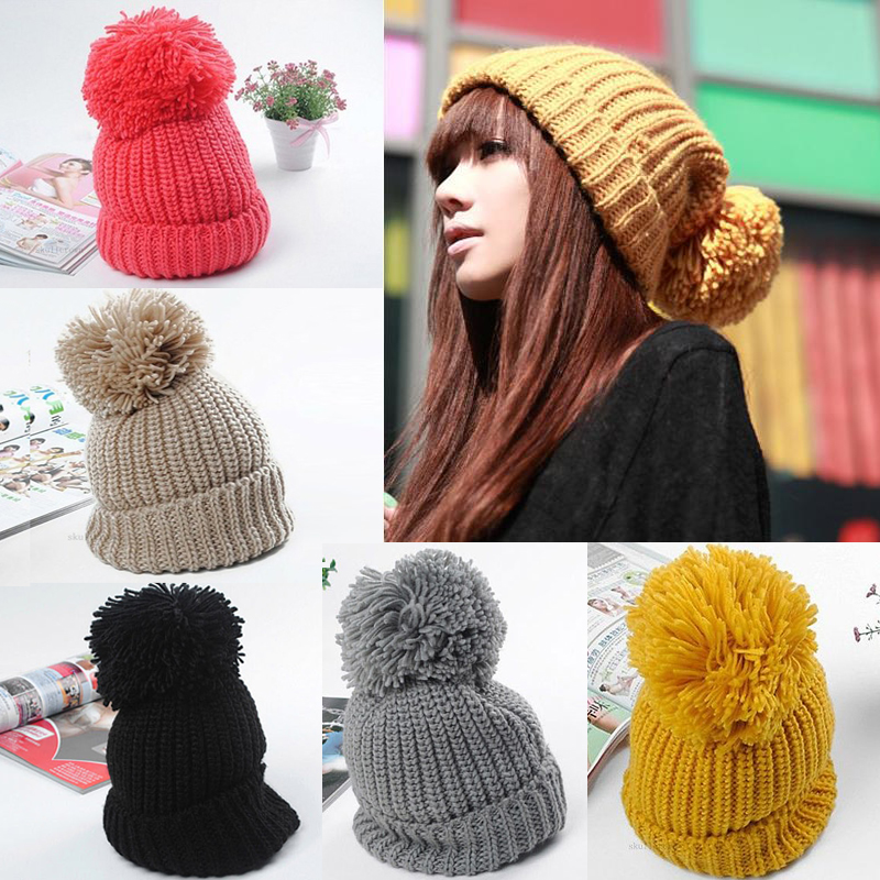 

Women Winter Slouch Knit Cap Warm Oversized Cuffed Beanie Crochet Bobble Hat, Black