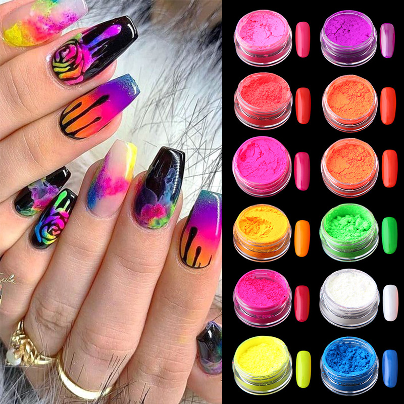 

12 Boxes/Set Fluorenscence Powder Nails Colorful Glitters Nail Powder Flakes Decorations Light Nail Art DIY Accessories