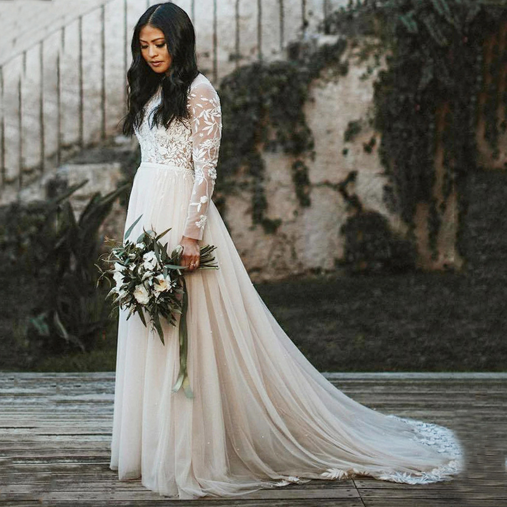 

High Neck Modest Illusion Long Sleeve Romantic Floral Appliques A-Line Tulle Boho Beach Wedding Dresses 2020 vestidos de novia, Full white