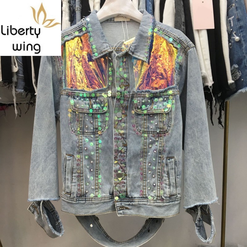 

Personality New Colorful Sequins Embroidered Flares Female Short Coats High Street Cuff Hole Ripped Loose Womens Denim Jackets, Light blue
