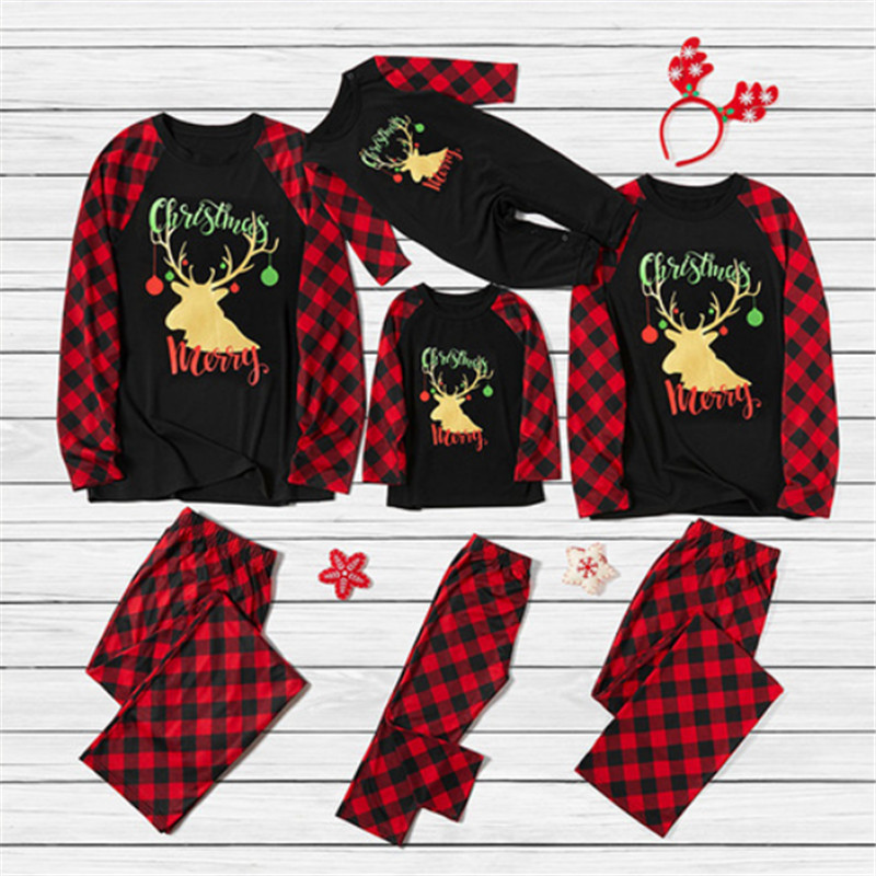 

Fashion Family Parent-child Costume Christmas Pattern Top and Elastic Plaid Trousers Two Piece Set, As pic