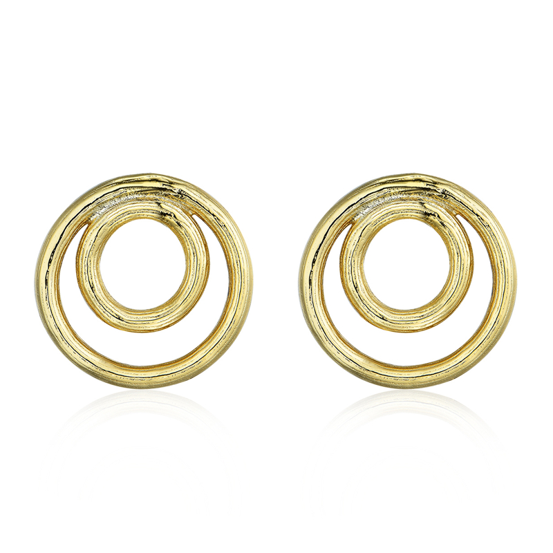 

925 Sterling Silver Earring Yellow Gold Plated Double Circle Round Plain Geometric Stud Earring Korean Fashion Party Jewelry
