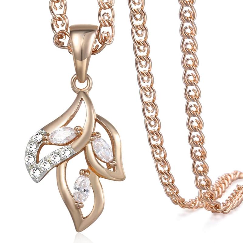 

Davieslee Leaf Pendant Necklace For Women 585 Rose Gold Filled Paved Clear Cubic Zirconia Women's Necklace Wholesale Gift LGP195