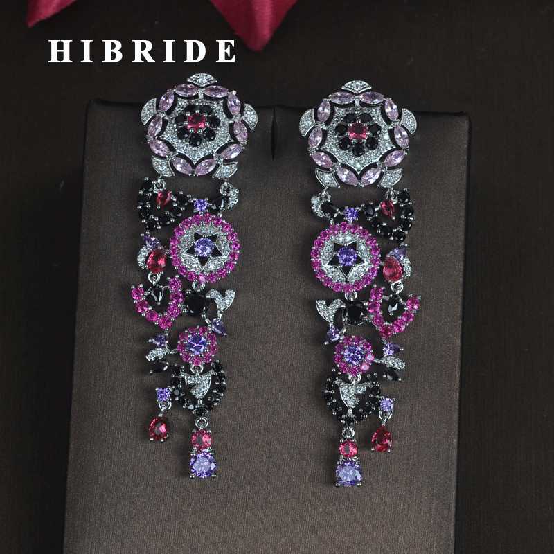 

HIBRIDE Charm Multicolor Flower Shape Cubic Zircon Women Bride Drop Earrings Dangle Earring Pendientes mujer moda E-684