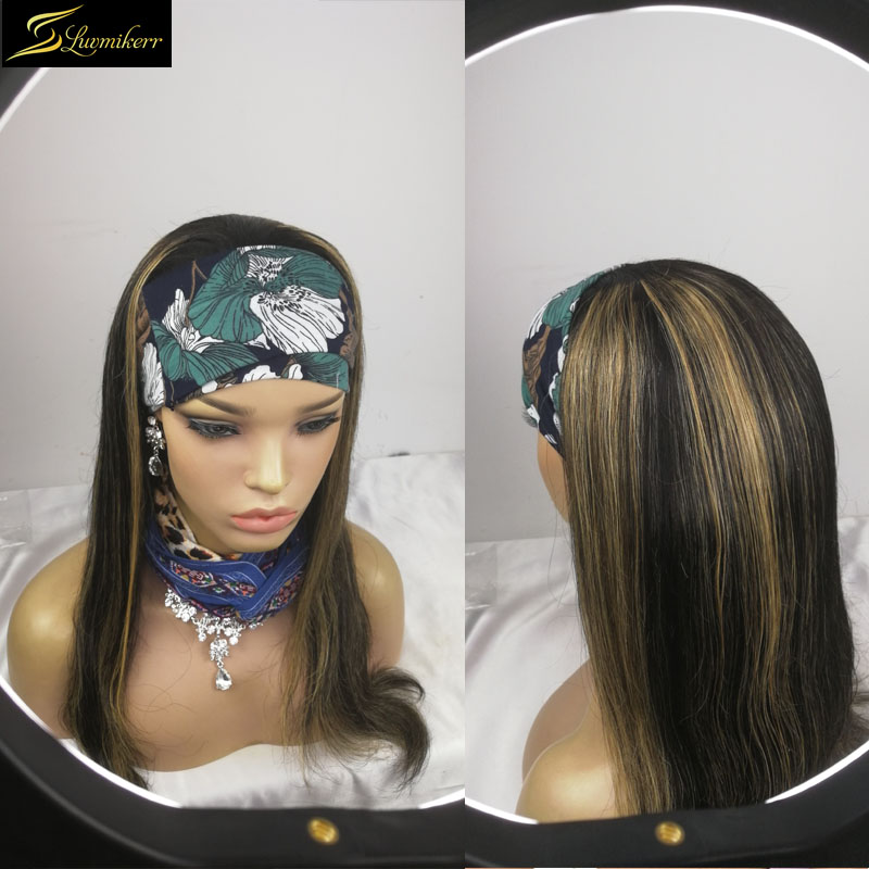 

Headband Colored Highlight Black And Brown Long Straight Human Hair Wig Ombre Honey Blonde Full Machine Made Lace Wigs For Women, As pic