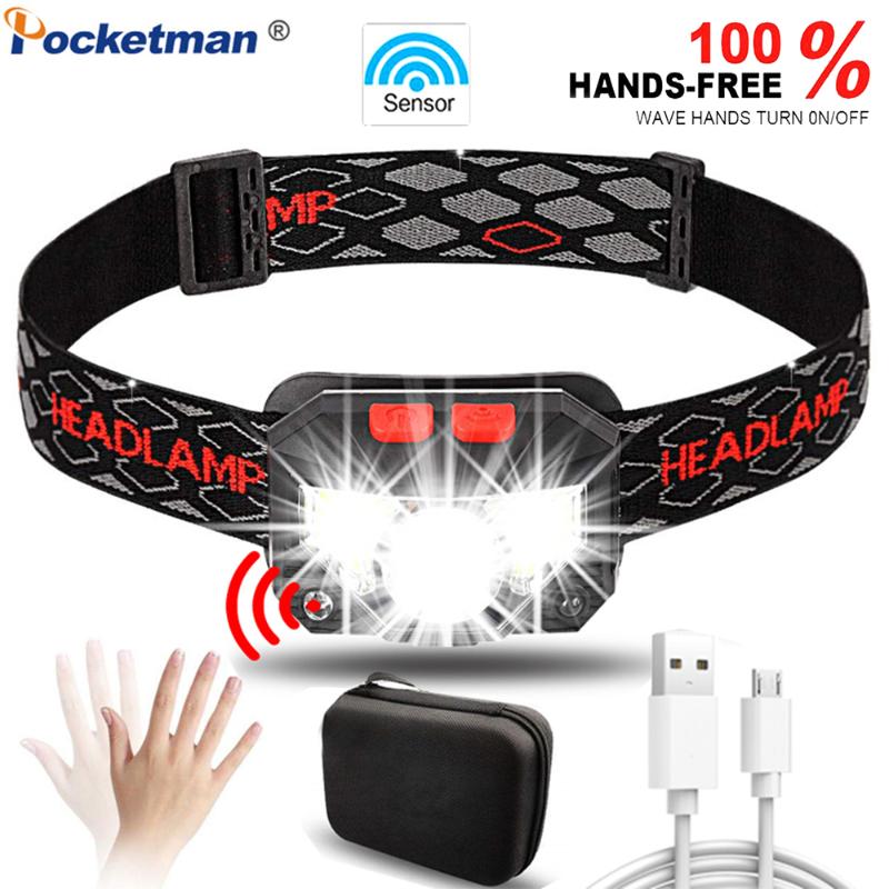 

Super Bright Sensor Headlamp Powerful LED Headlight USB Rechargeable Head Light Motion Sensor Head Lamp with USB Cable