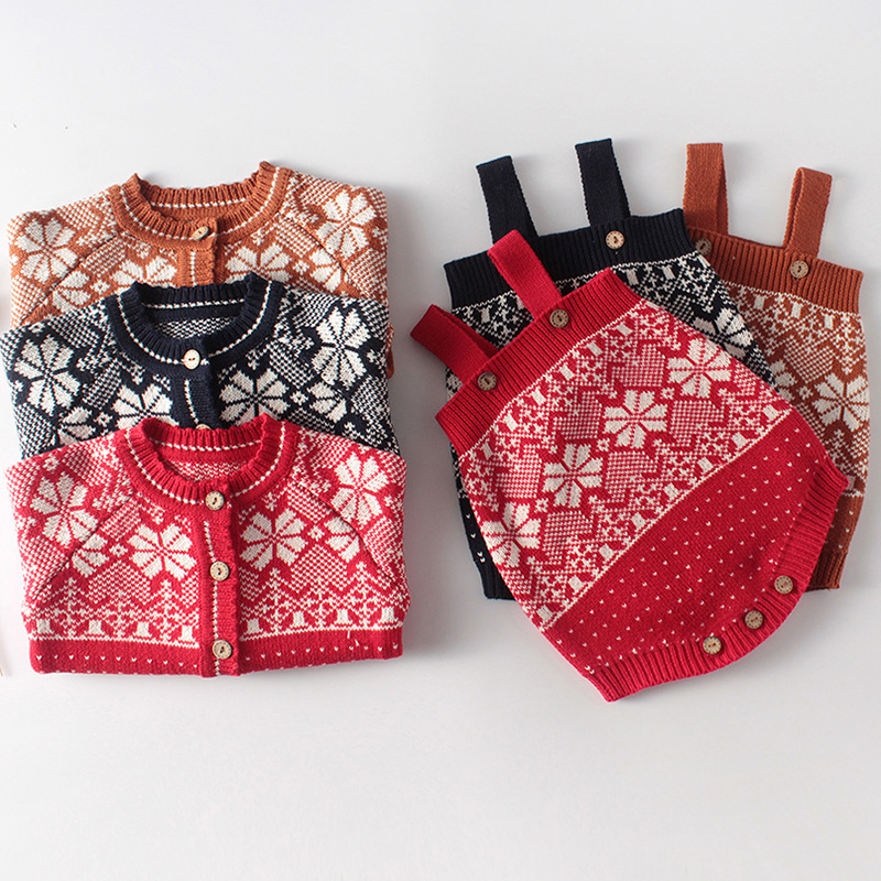 

Baby Boys Girls Clothing Sets Fall Winter Coat + Jumpsuit Set Infant Girls Knit Fashion Snowflake Toddler Boys Newborns Clothes, Beige