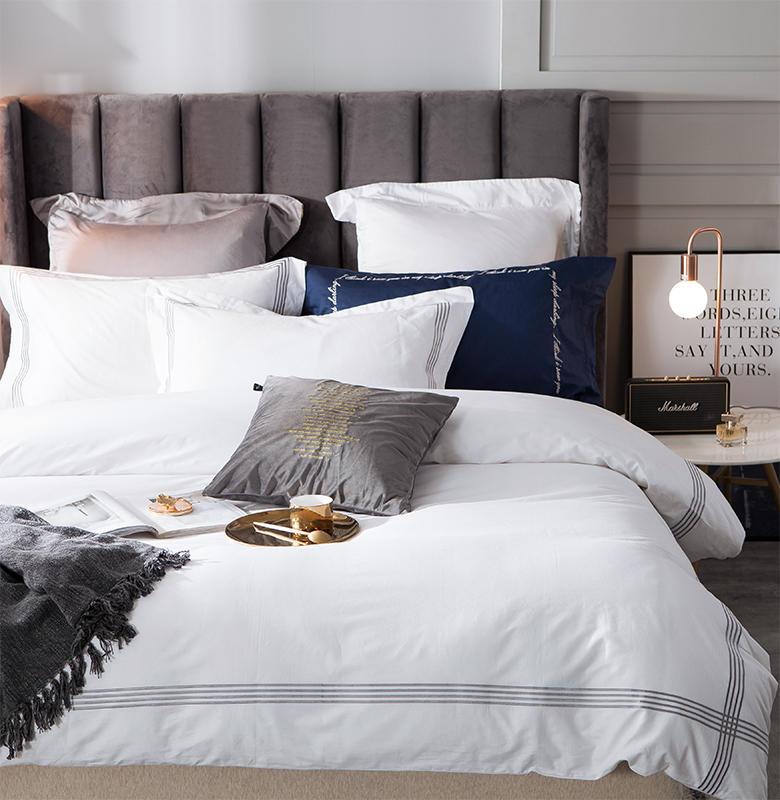 

100% Cotton White Gray Hotel Bedding Set King Queen size Striped Embroidery Duvet Cover Bed Sheet Fitted sheet parure de lit, Bedding set 6