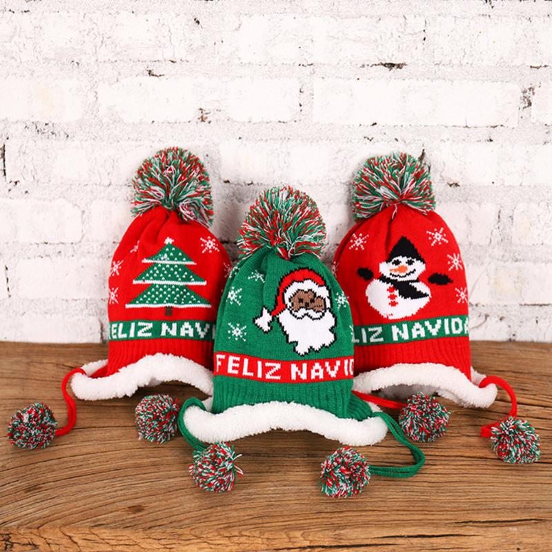 

LED Christmas Hats Children's Christmas knitted hat plush Love Pattern Fluffy-Plush Pompom Santa Cap For Party