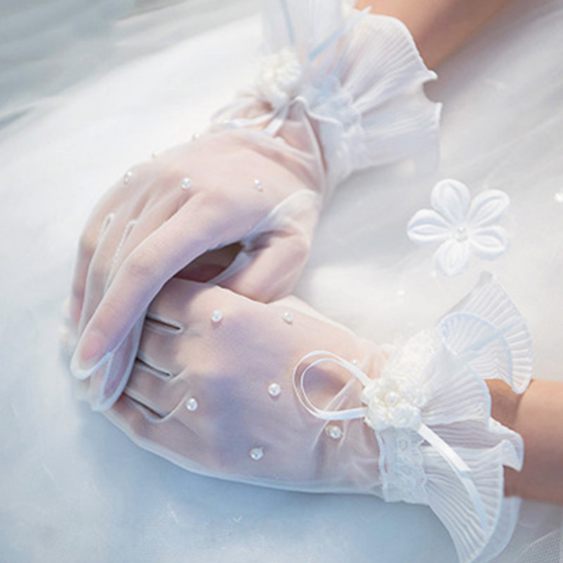 

Summer Sun Protection UV Cycling Driving Gloves Sexy Lace Rhinestone Etiquette Gloves Bow Short Fingerless Pearl Yarn Mittens H9