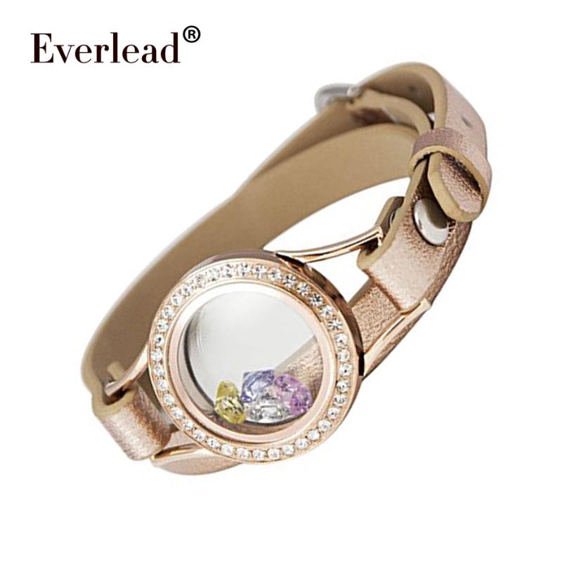 

EVERLEAD Double Wrap Leather Bracelet Floating Chain Locket Bracelets 316l Stainless Steel Waterproof Color Optional Free Zircon