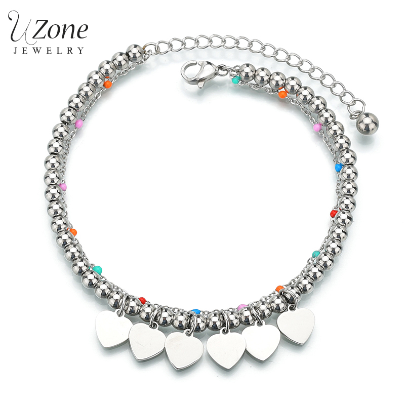 

UZone Stainless Steel Tiny Heart Charm Bracelet Double Layer Adjustable Chain Beads Bracelets For Women Girl Weddng Gift Pulsera