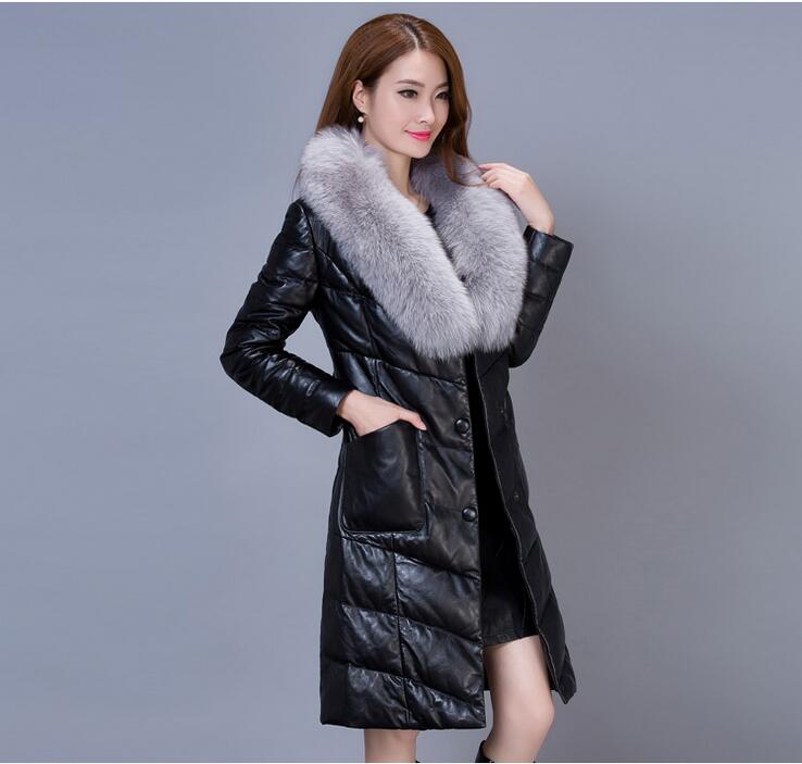 

Women Long Jacket Winter Fashion Faux Leather Coat With Fur Collar Detachable Slim Chic Chaquetas Femininas New Outwear AL20, Light grey