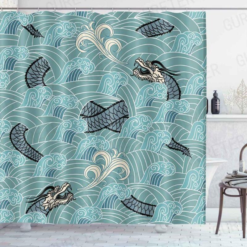 

Chinese style cartoon Abstract Geometric Pattern Bathroom Waterproof Fabric Shower Curtain Polyester 12 Hooks Bath Accessory
