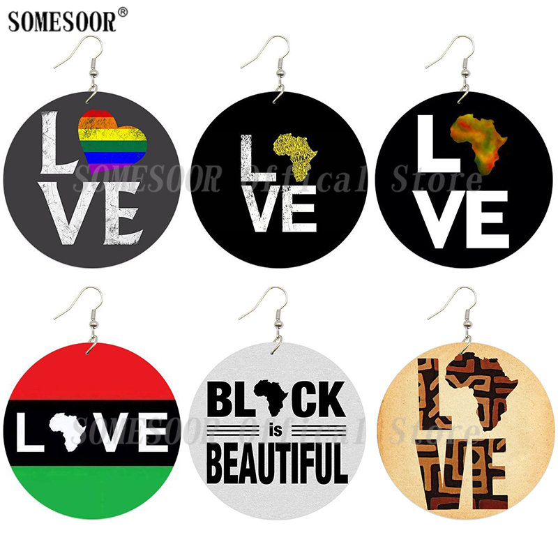 

SOMESOOR Love African Ethnic Roots Map Printed Wood Drop Earrings Black is Beautiful Sayings Both Sides Printed For Women Gifts