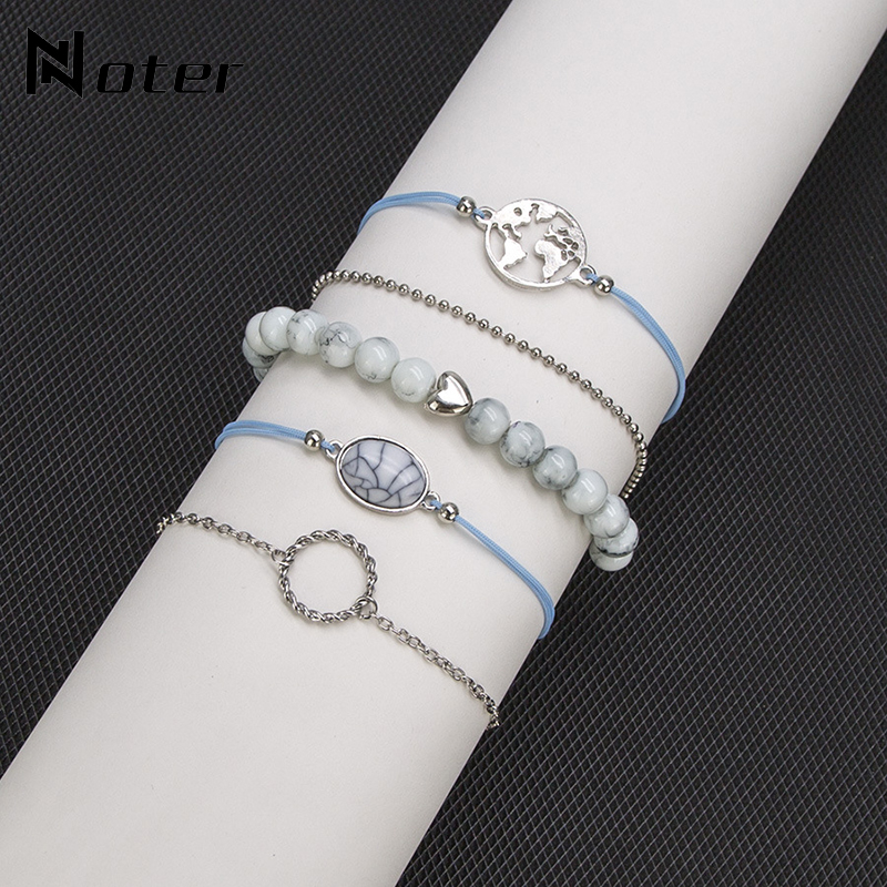 

Noter Chain Link Bracelet Set Women Girls Natural White Turquoises Stone Beaded Braslet Handmade String Bracelets Pulseras Mujer