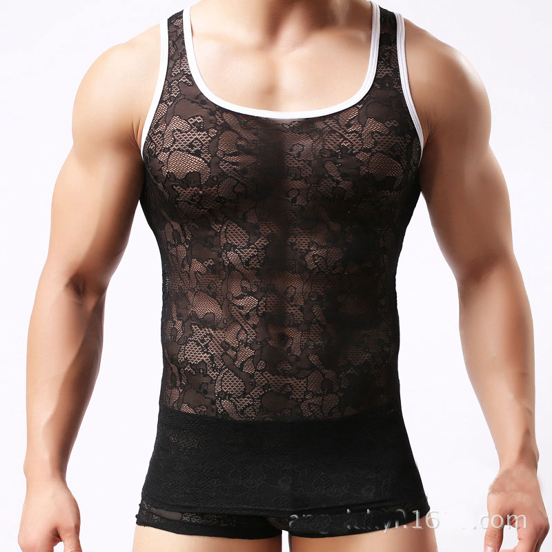 

Sexy Male Lace Perspective See-Through Men's Transparent GridS Sexy Lingerie Undershirt Strong Adult Blouses Vest K22, Black