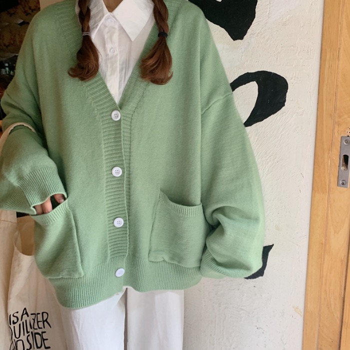 

2020 Autumn Women Sweaters Fashion Loose V Neck Cardigan Single Breasted Solid Knitted Cardigan Warm Buttoned, Beige