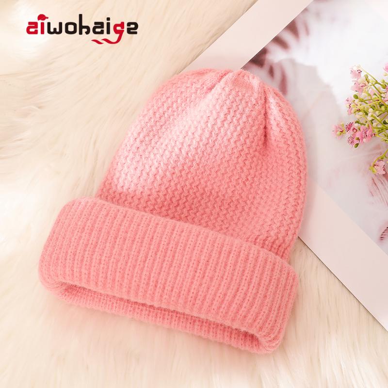 

New Winter Korean Knitted Hat Candy Color Casual Knit Beanie Women Warm Soft Cap Wool Thicken Hedging Cap slouchy Fleece Bonnet, White