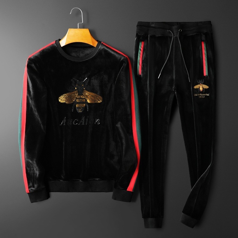 

2020 autumn and winter men's gold velvet double-sided velvet thickened suit round neck fashion casual embroidery suit -xxxl, Black