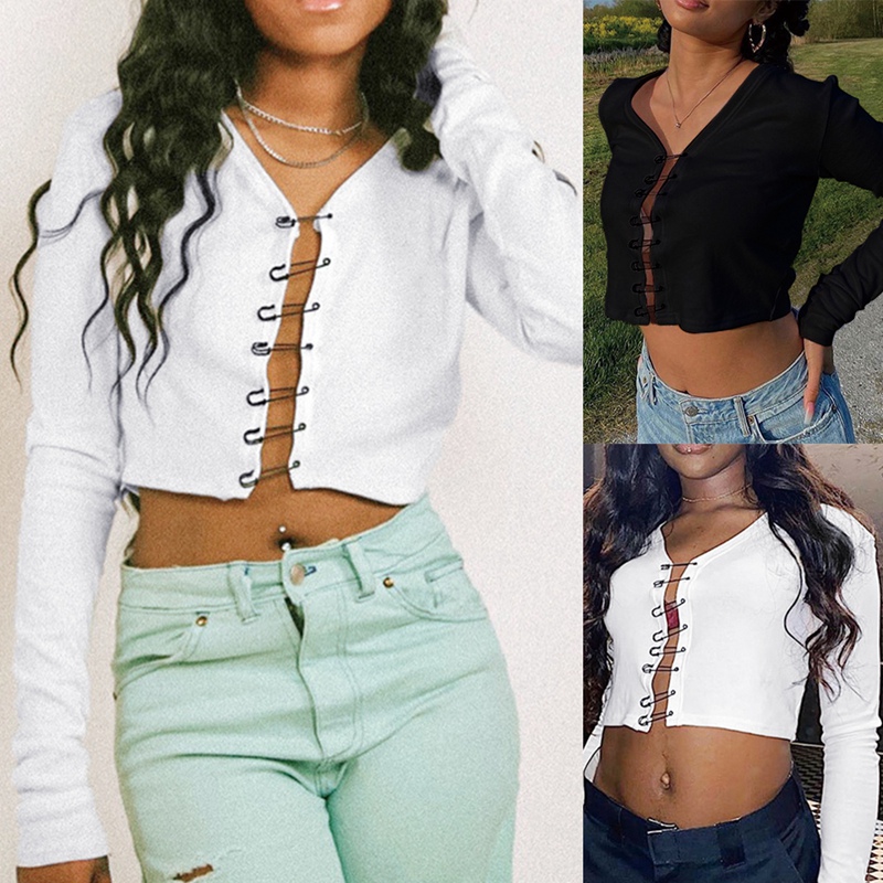 

Autumn Pin Button Short Cardigan Long Sleeve V-neck Slim T-shirt Punk Streetwear, Black