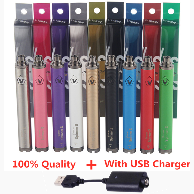 

MOQ 10Pcs Vision Spinner 2 Battery EVOD Twist II 1650mAh Vape Pen Ego Adjustable Voltage Variable with USB Charger for 510 Thread Clearomizer