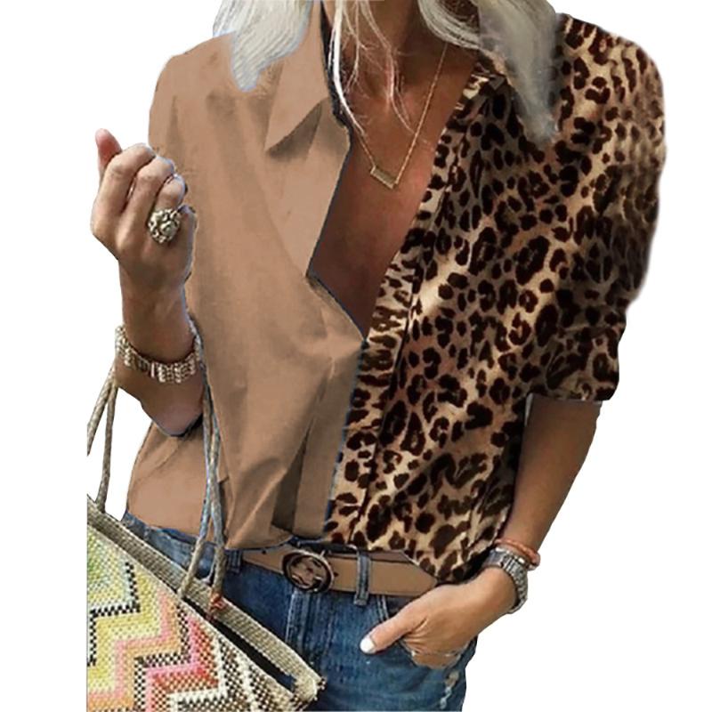 

Casual Turn-down Collar Blouse Women Leoprad Printed Shirts Tops Ladies Contrast Colour Patchwork Blouses Female Blusas D30, White