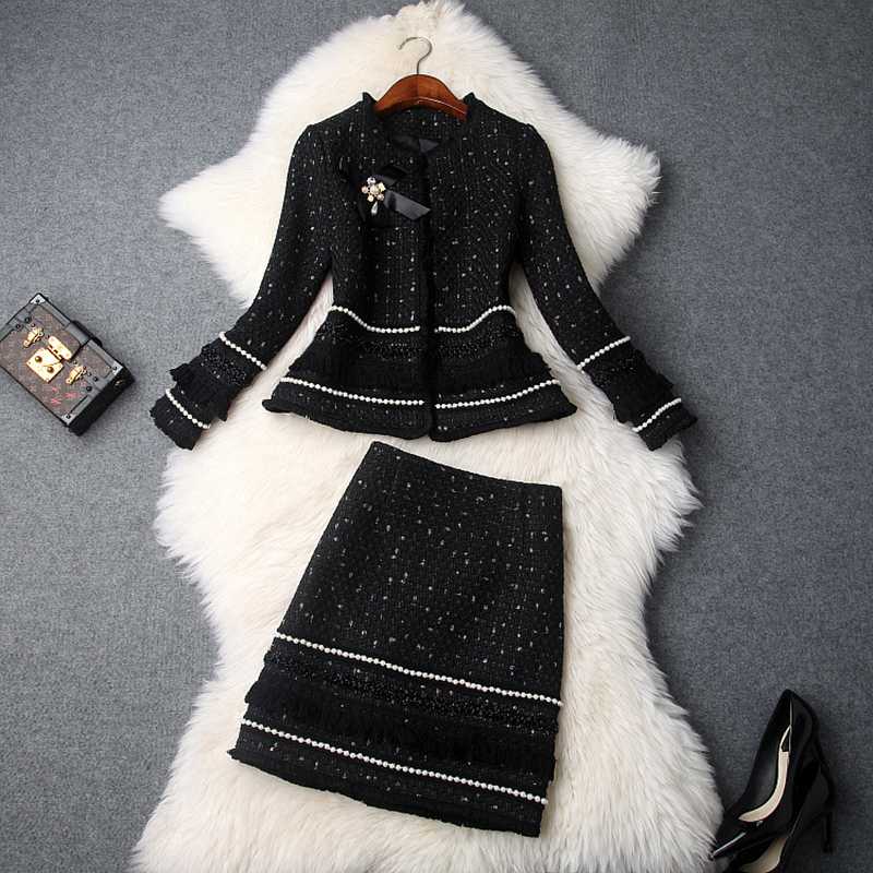 

HIGH QUALITY New Stylish Fall Winter 2020 Designer Suit Set Women' Fringed Tweed Jacket Skirt Suit, White