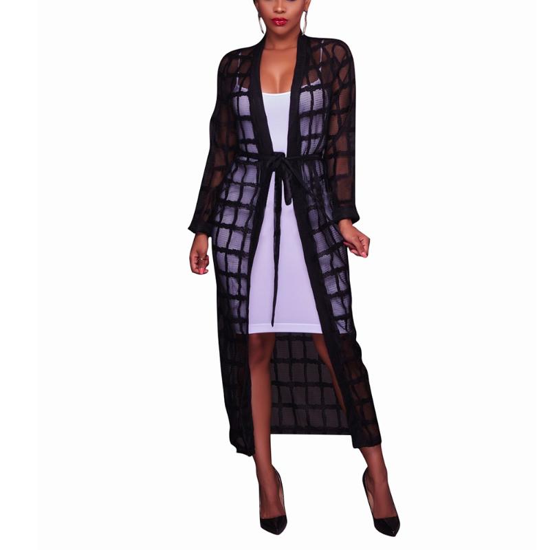 

New Summer Style Fashion Women Clothe Black Hollow Out Loose Full Sleeve Long Mesh Cardigan Trench Plus Size Chiffon Coat, Bk
