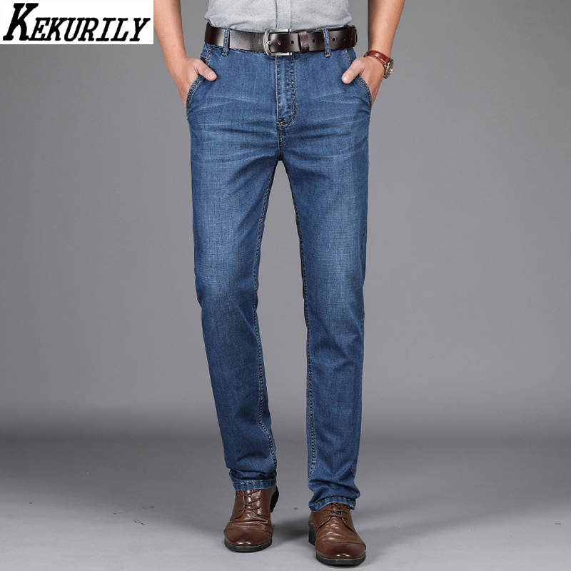 

Spring Summer Jeans MenStraight Stretch Jeans Male Business Casual Thin Denim Long Trousers Lightweight Plus Size Pants Blue