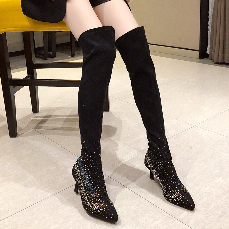 

Luxury Crystal Thin Heel Over The Knee Boots Women Sexy Pointed Toe Stretch Long Boots Woman Black Slip on Botas Mujer