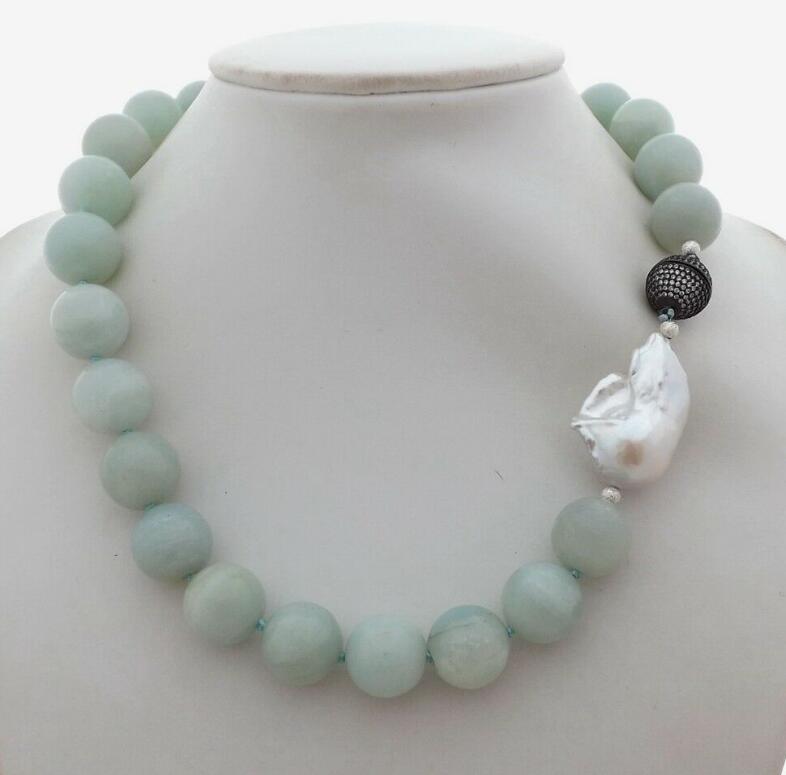 

19" 14mm Amazonite White Keshi Pearl Necklace