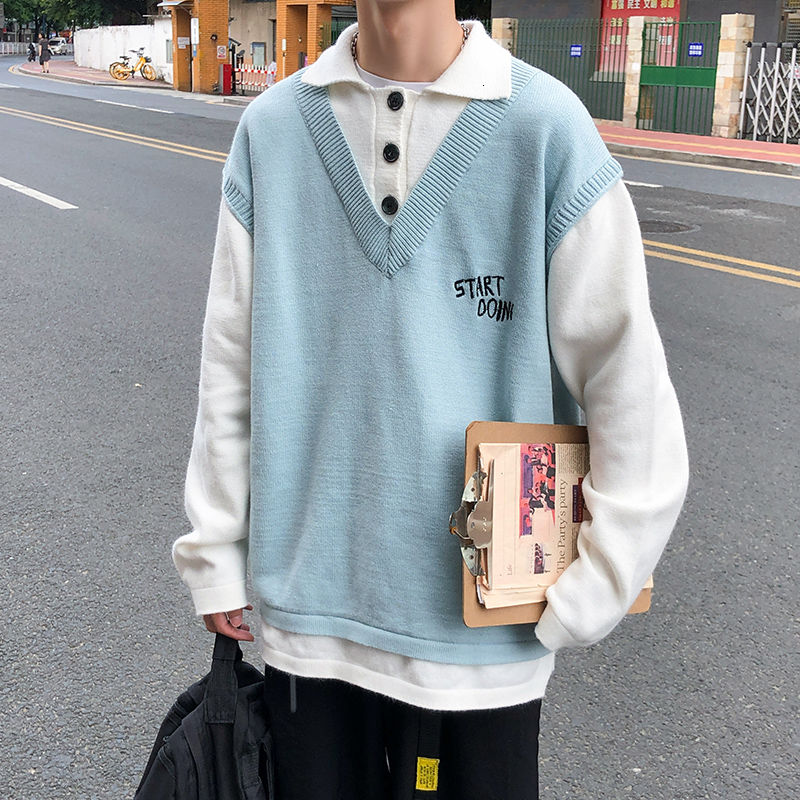 

2020 Spring And Autumn New Youth Popular Men's Loose Stitching Fake Two-piece Sweater Fashion Casual Lapel Pullover -2XL, Blue
