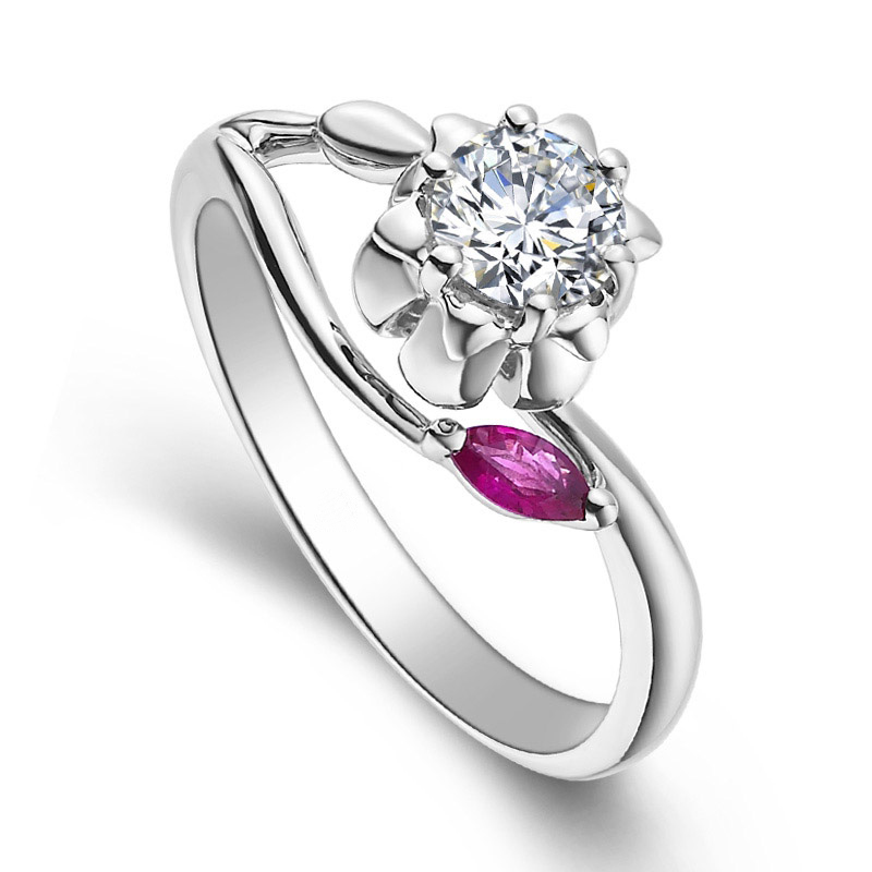 

14K Au585 White Gold Ring Women Wedding Anniversary Engagement Party Ring Ruby Flower 6 Claw Round Moissanite Diamond Elegant