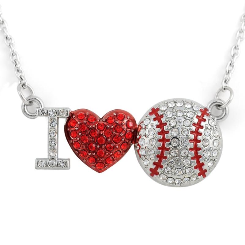 

Silver Plated Word I Love Baseball Softball Heart Red Crystal Connector Pendant Sports Women & Girl Gift Necklace Maxi Jewelry