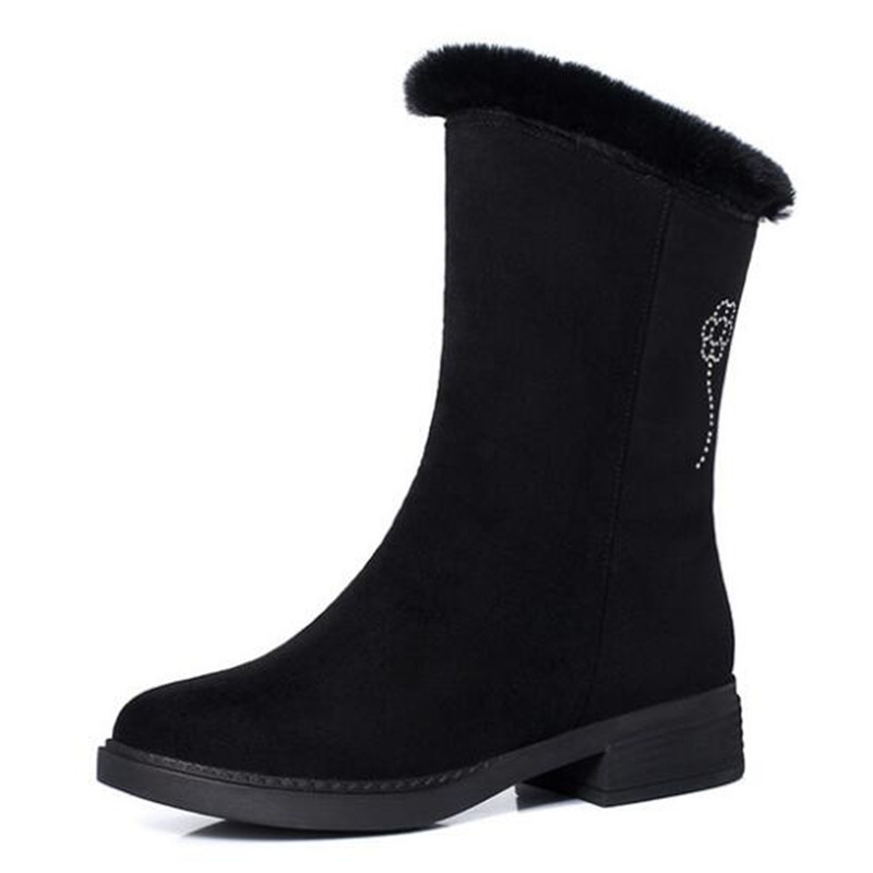 

Hot New Rhinestone Top Cow Suede Winter Shoes Fashion Snow Boots Women Boots Low Heel Non-slip Genuine Leather Shoes Warm, Black