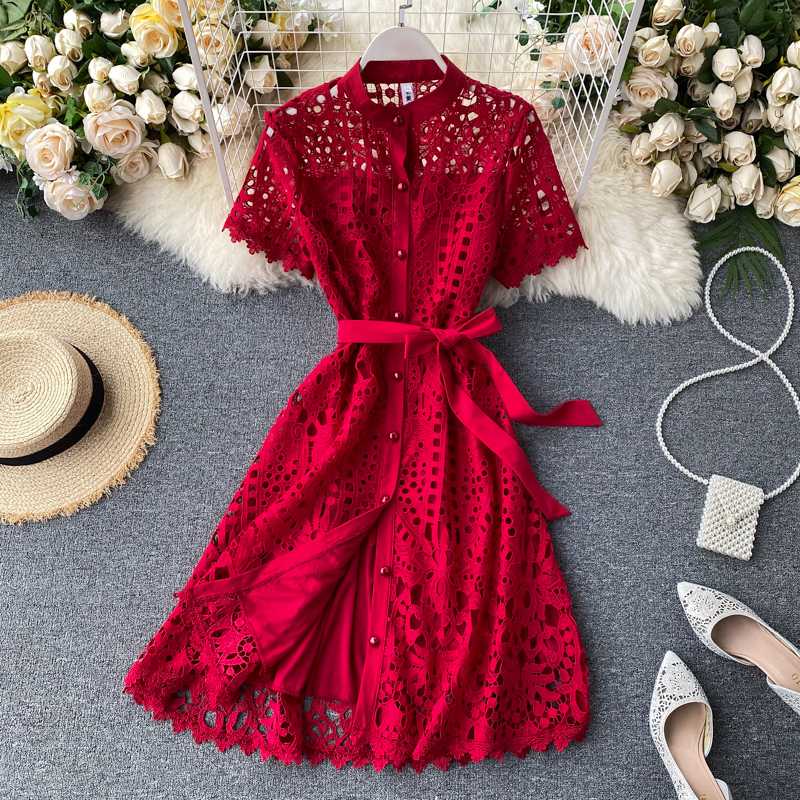 

FMFSSOM Summer Spring Vintage Hollow Out Sashes Buttons A-line High Waist Short Sleeve Women Female Dress, Black