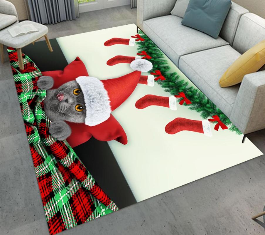 

Christmas Hat Cat Plaid Printing Living Room Rugs Carpet Hallway Doormat Anti-Slip Bathroom Carpet Absorb Water Kitchen Mat